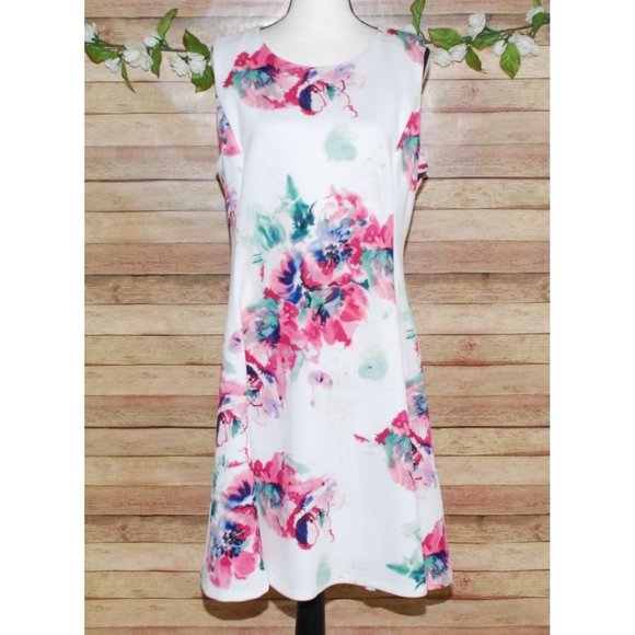 DKNY Ladies Floral Scuba Dress Size 14 Fit And Flare Back Zip Sleeveless Stretch - Picture 2 of 13
